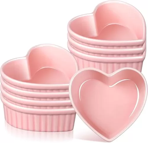 8 Pcs Heart Shaped Ramekin Creme Brulee Ramekins Oven Safe 3.54 x 3.54 x 1.57 Inch Heart Shaped Bowl Small Baking Ceramic Ramekins Dishes for Souffle Snacks Quiche Appetizers Sauces(Pink)