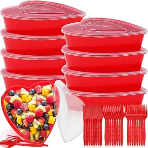 8 Sets Valentine's Day Heart Shaped Storage Containers 17 oz Plastic Heart Box with Lids Food Containers Dessert Cups Disposable Spoons Forks Knives for Party Wedding Supplies