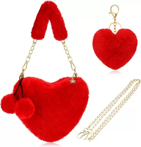 Abbylike Valentines Furry Heart Shaped Purse Fluffy Faux Fur Shoulder Bag Crossbody Handbag for Women Girl