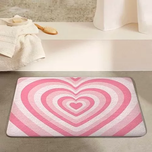 Abstract Pink Heart Shaped Bath Mat, Cute Pink Beige Heart Shaped Theme Bath Rug for Bathroom, Woman Teen Girls Room Art 2000s Hippie Bath Mat Soft Non Slip Bath Rugs, 17X29IN