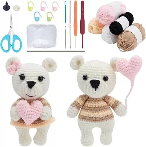 ACRNIGHEET Crochet Kit for Beginners, 2 PCS Bear Crochet Set Holding Heart-Shaped Balloons, Crochet Starter Kit with Step-by-Step Tutorials, Valentine Crochet Gift for Girlfriend Wife, Couple Bears