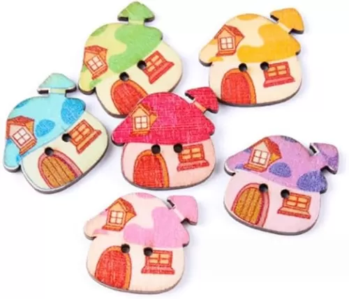 AKOAK 50 Pcs Wooden Buttons, Colorful Tree Shape 2-Hole Wood Print Sewing Buttons, Cute Puppy Bunny Heart Flower Painted Button, for DIY Crafts Scrapbook Sewing Craft Decoration (House)