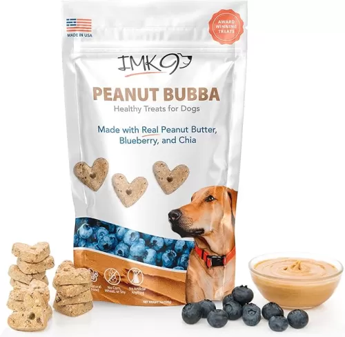 IMK9 All Natural Puppy Peanut Butter Training Treats - Low Calorie Dog Treats â€“ Low Fat Diet for Pets - Vegetarian, Baked, Crunchy Biscuits - Heart Shaped, Healthy Fiber, No Grain-Gluten, Made in USA