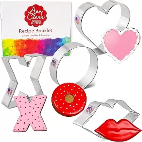 Ann Clark Cookie Cutters Valentines Cookie Cutters 4-Pc. Set Made in the USA, Lips, Heart, X, and O