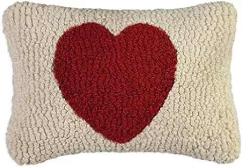 Artist-Designed Red Heart Hand-Hooked Wool Decorative Throw Pillow - Valentine