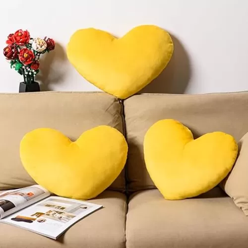 AWIZOM 3 Pcs Heart Pillows Yellow Heart Throw Pillows Cute Fuzzy Pillows Crystal Velvet Pillows Soft Throw Cushion Decorative Pillows for Valentine