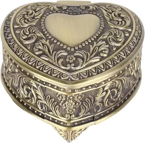 belupai Vintage Heart Shape Jewelry Box, Classic Vintage Antique Jewelry Storage Organizer Chest, Heart Shape Trinket Box Ring Earrings Treasure Organizer Gift Box for Women and Girls(Bronze)