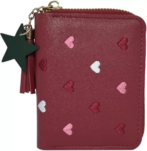 BenePoint Women's Wallets, Heart-Pattern Wallet for Women with Small Coin Pouch, Womens Leather Wallet Card Holder Ladies Wallets with Card Slots& Star Pedant (red)