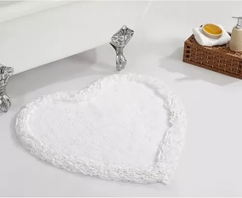 Better Trends 30” Heart Shaped Rugs 100% Cotton Soft Non Slip Doormat Washable Water Absorbent Rugs for Home Entrance Bathroom Shower Floor Decor, White Shaggy Border Collection