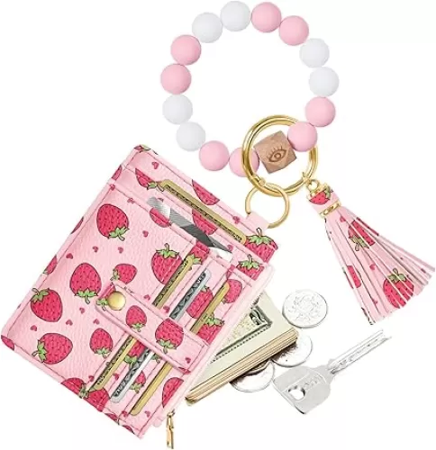 Bistup Wallet Keychain Wristlet for Women - Credit Card Holder Wallets Key Chain Ring Cute Design Slim Small RFID Coin Pocket Purse for Ladies Teen Girls Fashion Strawberry