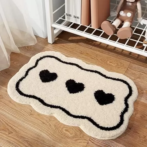 Black and White Heart-Shaped Bathroom Rug Bathroom Doorway Mats Bedroom Carpet Entry Non-Slip Mats Absorbent Mats Machine Washable