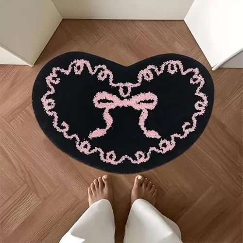 Black Pink Bow Bathroom Mat Coquette Non Slip Heart Shaped Bow Rug Cute Girly Carpet Room Decor Microfiber Absorbent Bath Rug for Bathroom Bathtub Shower Bedroom