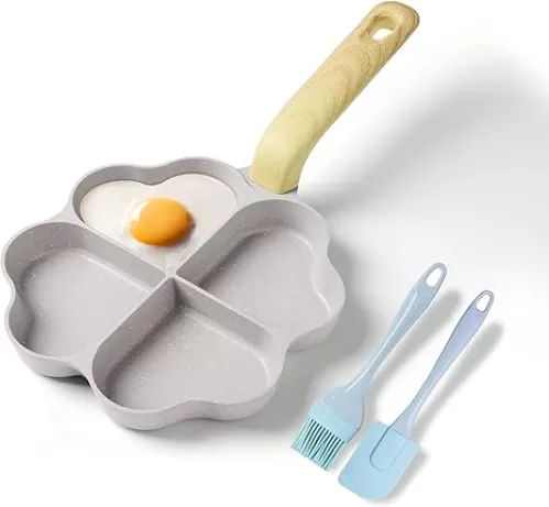Caannasweis Egg Pan Omelette Pan, 4-Cup Nonstick Granite Omelette Skillet Breakfast Frying Pan Egg Cooker Suitable for Gas Stove & Induction Cookware, PFOA PFOS Free, Beige Heart Shaped