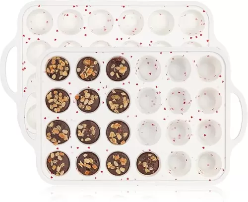 CAKETIME Mini Muffin Pan, Metal Reinforced Frame 24 Cup Nonstick Silicone Molds with Handle for Muffins, Cupcakes, Egg Bites 2 Pack Heart-Shaped
