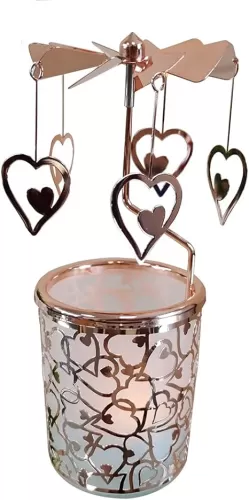 Carousel Candle Rotary Candle Holder Spinning Candleholder Metal Tea Light Candlestick for Home Decor (Rose Gold Heart)