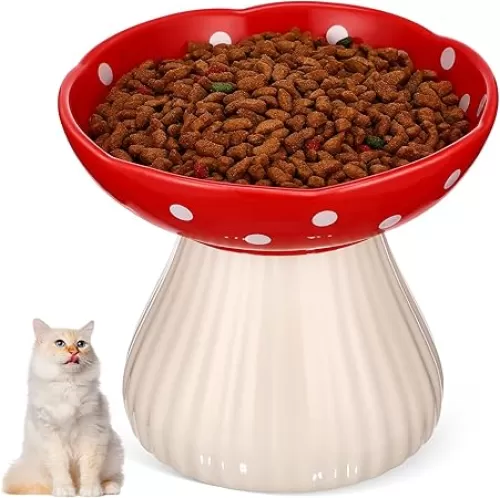 Cat Food Bowls Elevated: Ceramic Cat Bowl for Cat Feeding Station - Easy Clean Non-Slip Tilted Mushroom Shape Cat Bowl for Cute Cats, 6 Inch Red Ceramic Dog Bowls Small Size Dog