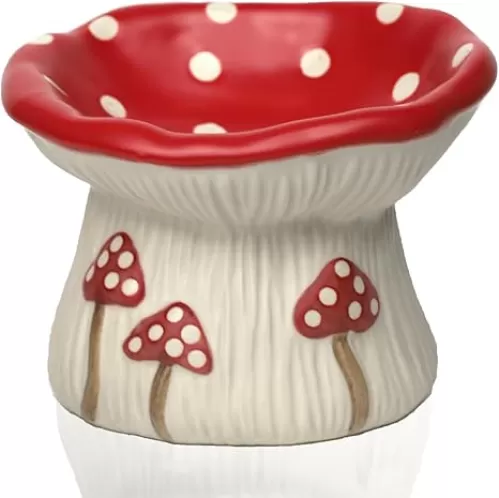 Ceramic Cat Bowl, Cute Red Mushroom Elevated Cat Food Dish, Shallow Raised Feeder, Anti Vomiting, Stress Free, Whisker Fatigue