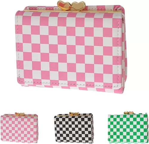 Checkered Coin Purse for Women - Wallet for Teens & Kids with Heart