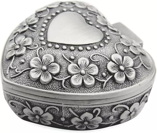 Classic Vintage Antique Heart Shape Jewelry Box Ring Small Trinket Organizer Chest, Silver