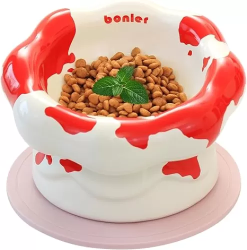 Cloud-Shaped Ceramic Cat Bowl - Elevated Raised Design for Indoor Cats & Kittens, Tilted Anti-Vomiting Shallow Dish with Spine Protection, Cute Whisker-Friendly Ceramic Food Bowls & Dishes (Red)