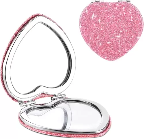 Compact Folding Mirror Heart Shaped Magnifying Mini Vanity Mirror Portable Travel Makeup Mirror for Purse Double-Sided Cute Glitter Cosmetic Mirror for Women Home Office