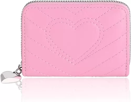 Credit Card Holder, Cute Wallet Women, Love Heart Shaped Zipper Business Card Holder Small Wallets Woman for Cash, Key, Change, ID Card (Pink)