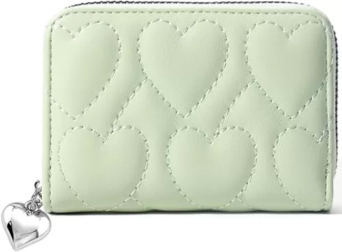 Credit Card Holder Small Wallet for women, Cute Heart Leather Card Case Wallet with Zipper Gift (01-Mint Green)