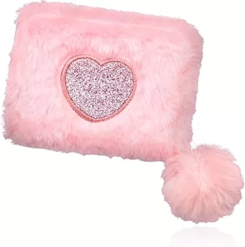 Credit Card Wallet, Soft Plush Women's Wallets Credit Card Holder, Heart-Shaped Embroidery Coin Purse Credit Card Wallet with Fur Ball Zipper for Bank Cards, ID Cards, Cashes, Coin (pink)