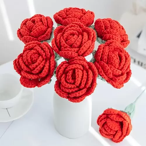 Crochet Flowers, Knitted Flowers, Handmade Crochet Red Roses, Artificial Flowers, Home Desk Decor, Flowers for Mother, wife, friend (Red, 4)