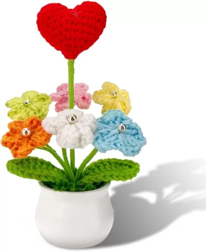Crochet Potted Forget Me Not Flowers Knitted: Handmade Knitted Flower for Decorations Car Dashboard Desk Decor (Red Heart)