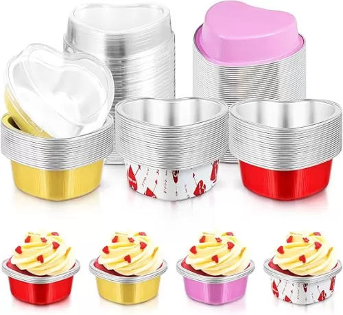 Cunhill 60 Sets Heart Shaped Cake Pans with Lids, 3. 4 Ounces/ 100 ml, Aluminum Foil Mini Disposable Heart Cupcake Pans for Wedding Parties Gift (Gold, Red, Pink, White)