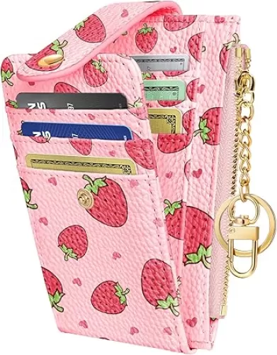 Cute Card Wallet Women - Small Wallets with Keychain Strawberry RFID Credit Cardholder Aesthetic Fashion Design Coin Purse for Female Ladies Teen Girls