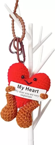 Cute Positive Knitted Heart-Shaped Keychain Handmade Crochet Heart-Shaped Doll Hanging Ornament Emotional Support Encouragement Gift Backpack Decor Automotive Interior Decorations