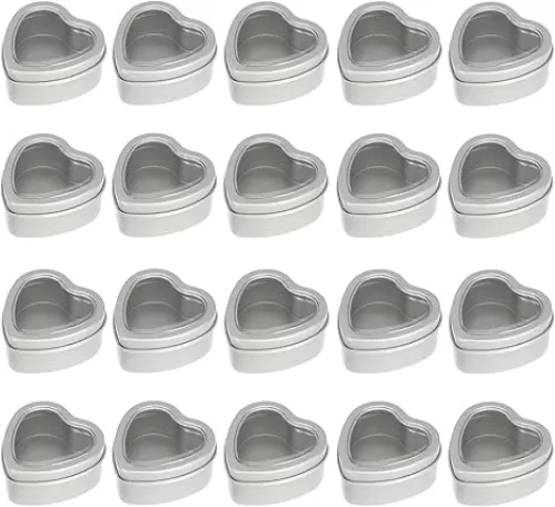 Dicunoy 20 Pack 2oz Metal Tins, Heart Shaped Empty Tin Box With Lids, Candle Jars Gift Storage Container Cans With Clear Window For Candle Making, Candies, Treasures