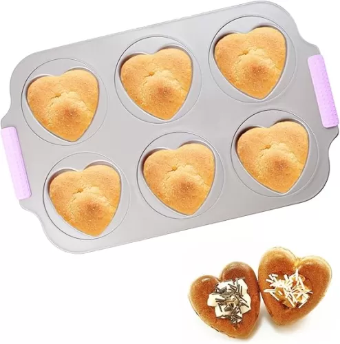 Durable 6-cavity Heart Shaped Cake Mold, Metal Square Heart Cake Pan Non-Stick Heart Baking Pan for Baking Cakes, Brownies, Muffin-Essential Kitchen Tool for Home Bakers (love heart)