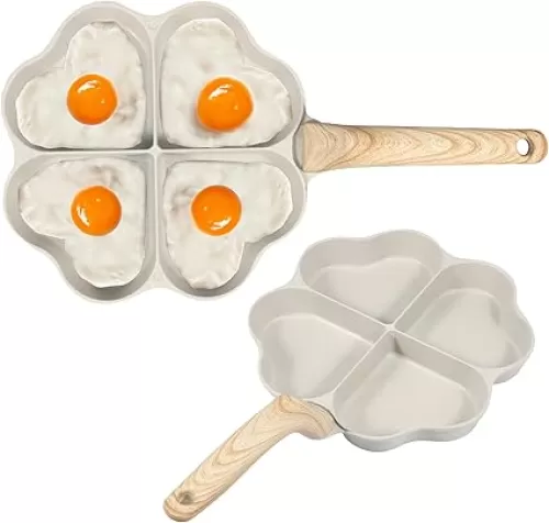 Egg Frying Pan 4-Cup Heart Omelette Pan Non-Stick Egg Skillet with Handle Aluminum Alloy Egg Cooker Pan Effortless to Clean for Gas Stove Induction Cookware Breakfast 35x20x2.5cm(Beige)