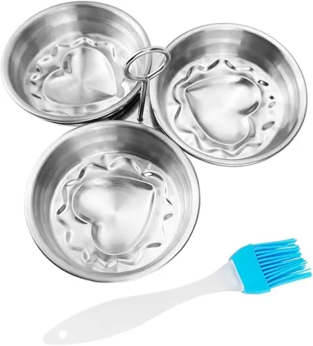 Egg Poacher Cups 3 Eggs Stainless Steel Egg Poacher Pan Insert with Oil Brush Heart Shaped for Poached Egg Tool