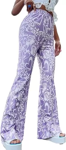 Ella Lust Womens Heart Print Flare Pants - 70s Disco Outfits High Waisted Bell Bottom Casual Wide Leg Yoga Leggings Trousers