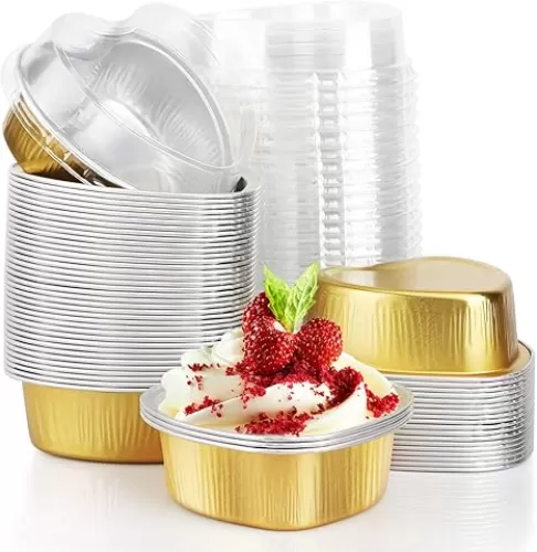 EUSOAR Heart Shaped Baking Pans, 3.4oz 50pcs Aluminum Foil Cupcake Baking Cups with Lids, Valentines Day Gifts, Pie Ramekins Desserts Flans, Custard Cake Pudding Jello Cups, Wedding Party -Gold