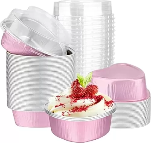 EUSOAR Heart Shaped Baking Pans, 3.4oz 50pcs Pink Foil Baking Cups with Plastic Lids, Mini Cupcake Muffin Liners, Pie Ramekins Desserts Pudding Creme Brulee Souffle Cups Holder for Wedding Party