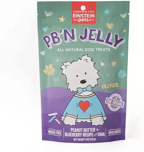 Everydays PB’N Jelly Crunchy Heart Shaped Treats, All Natural Protein Packed Organic Dog and Puppy Baked Biscuit Training Treat, Peanut Butter Blueberry Recipe with CHIA, 6 Ounce Bag