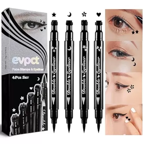 evpct 4in1 Star Flowers Hearts Moon Face Stamps Eyeliner Makeup Set, Black Colored Liquid Winged Wing Eyeliner Stamp Wingliner, Waterproof, Star Eye Liner Stamp Figures Tool
