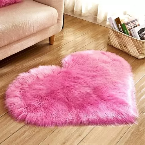 Faux Fur Sheepskin Heart Shaped Area Rugs, 16"x20" Luxurious Wool Love Floor Carpets Bathroom Non-Slip Mat for Home Decor Nursery Living Room Bedroom Pet Kids and Baby Room (Rose Red)