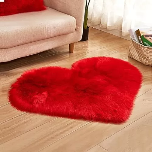 Faux Fur Sheepskin Heart Shaped Area Rugs, Luxurious Wool Love Floor Carpets Bathroom Non-Slip Mat for Home Decor Nursery Living Room Bedroom Pet Kids and Baby Room