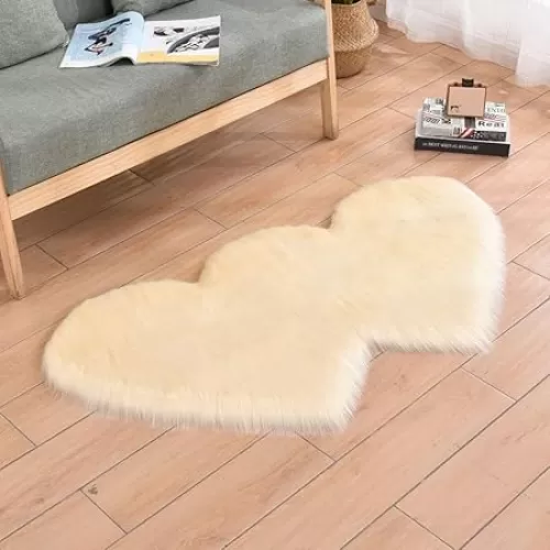 Faux Fur Sheepskin Small Area Rugs Fluffy Seat Pad Double Hearts Shaped Carpets, 24x35 Inches Luxurious Wool Foot Mats Home Decor for Nursery Living Room Bedroom Pet Kids Room (Black)