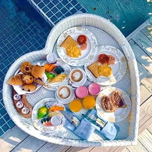 Floating Tray for Pool Heart Shaped Wicker Swimming Pool Floating Tray Table Floating Serving Tray with Handles