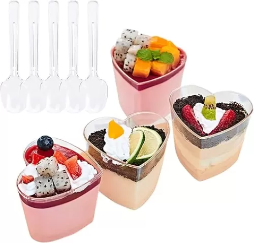 Foraineam 50 Pack 5 oz. Dessert Cup with 50 Spoons, Clear Plastic Appetizer Cups, Valentine