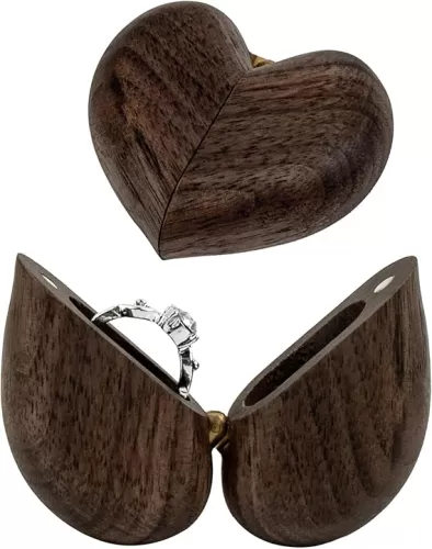 Framendino, Heart Shaped Wooden Ring Box Vintage Wood Bearer Jewelry Storage Case for Proposal Anniversary Wedding Engagement