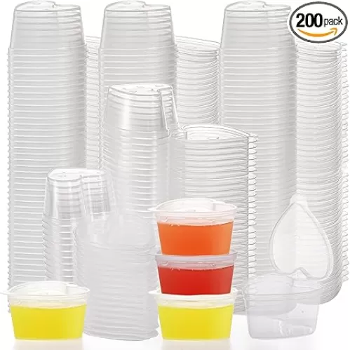 Frcctre 200 Pack 1.5 oz Disposable Plastic Portion Cups with Lids, Heart Shaped Plastic Jello Shot Cup Souffle Cups Leak Proof Condiment Containers for Sauces, Samples, Jello Shot, Slime, Craft