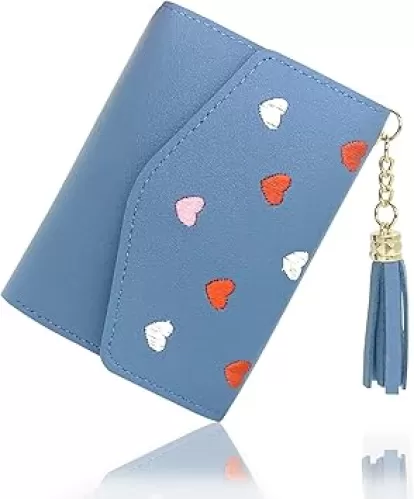 FuninCrea Ladies Purse Wallet, Small PU Leather Women’s Wallet, Three-fold Ladies Purse with 8 slots, Fashion Coin Purse with Embroidery Heart Pattern for Cash, ID Card, Credit Card (blue)